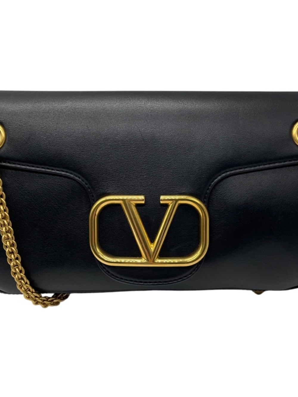 Valentino Black / Gold VLogo Leather Shoulder Bag with Rockstud Embellished Cha